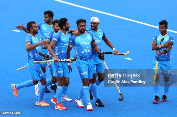 Singh Harmanpreet of India celebrates with team mates after he scored his sides first goal during the FIH Hockey Pro League Men's match between Great...