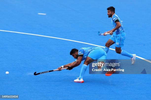 Singh Harmanpreet of India scores his sides first goal during the FIH Hockey Pro League Men's match between Great Britain and India at Lee Valley...