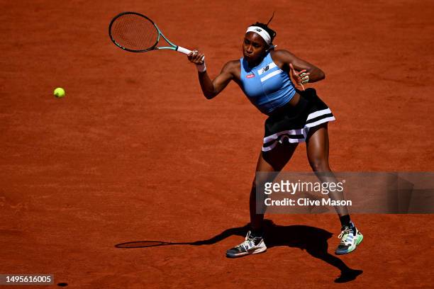 Coco Gauff of United States plays a forehand against Mirra Andreeva during the Women's Singles Third Round Match on Day Seven of the 2023 French Open...