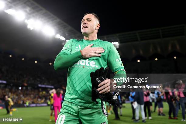 Daniel Vukovic of the Mariners celebrates winning the 2023 A-League Men's Grand Final match between Melbourne City and Central Coast Mariners at...