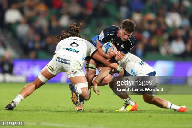 Jeremy Williams of the Force looks to break through the defenders during the round 15 Super Rugby Pacific match between Western Force and Chiefs at...