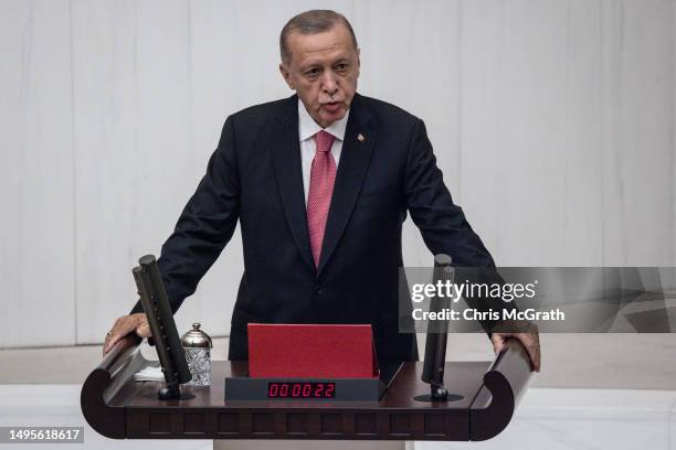 President Recep Tayyip Erdogan takes an oath during the swearing in ceremony at parliament on June 03, 2023 in Ankara, Turkey. President Erdogan won...