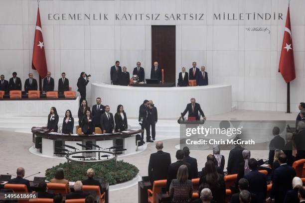 President Recep Tayyip Erdogan takes an oath during the swearing in ceremony at parliament on June 03, 2023 in Ankara, Turkey. President Erdogan won...