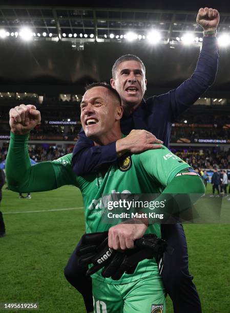 Mariners Head Coach Nick Montgomery embraces Daniel Vukovic as they celebrate winning the 2023 A-League Men's Grand Final match between Melbourne...