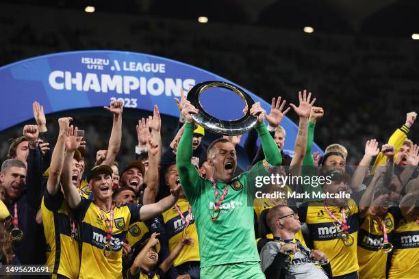 The Mariners celebrate winning the 2023 A-League Men's Grand Final match between Melbourne City and Central Coast Mariners at CommBank Stadium on...