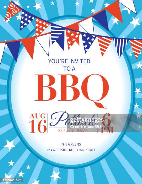 summer bbq invitation template on a starburst background - family reunion stock illustrations