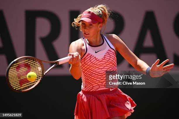 Mirra Andreeva plays a forehand against Coco Gauff of United States during the Women's Singles Third Round Match on Day Seven of the 2023 French Open...