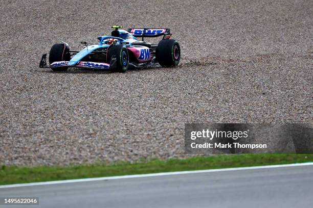 Pierre Gasly of France driving the Alpine F1 A523 Renault runs off track during final practice ahead of the F1 Grand Prix of Spain at Circuit de...