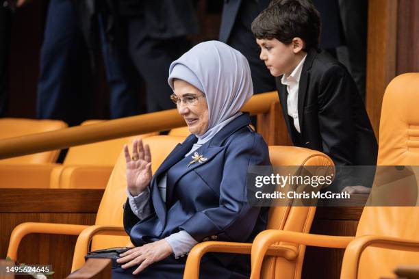 President Recep Tayyip Erdogan's wife Emine Erdogan waves after arriving ahead of the swearing in ceremony at parliament on June 03, 2023 in Ankara,...