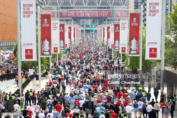 General view outside the stadium as fans arrive prior to the Emirates FA Cup Final between Manchester City and Manchester United at Wembley Stadium...