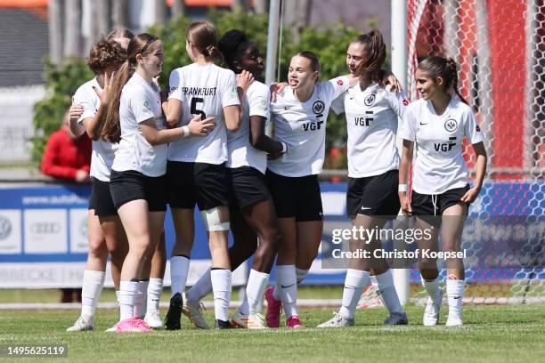 The team of Frankfurt celebrates the first goal and equalizes to 1-1 during the B-Junior Girls Final German Championship Semi Final Leg Two match...