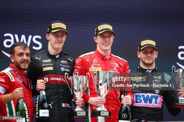 Race winner Frederik Vesti of Denmark and PREMA Racing , Second placed Theo Pourchaire of France and ART Grand Prix , Third placed Victor Martins of...