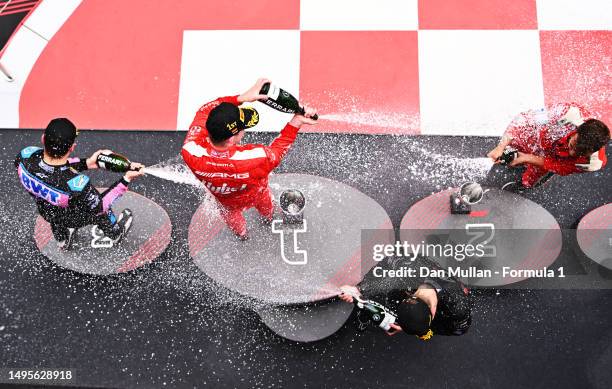 Race winner Frederik Vesti of Denmark and PREMA Racing , Second placed Theo Pourchaire of France and ART Grand Prix , Third placed Victor Martins of...