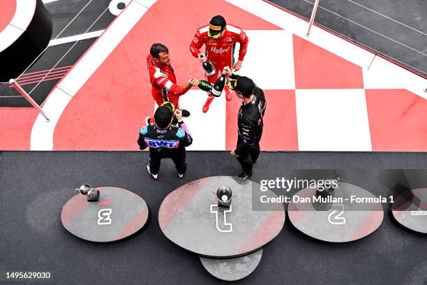 Race winner Frederik Vesti of Denmark and PREMA Racing , Second placed Theo Pourchaire of France and ART Grand Prix , Third placed Victor Martins of...