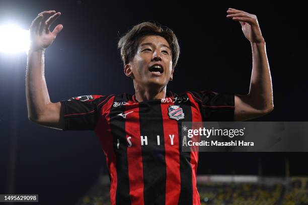 Takuro Kaneko of Consadole Sapporo celebrates the fourth goal during the J.LEAGUE Meiji Yasuda J1 16th Sec. Match between Kashiwa Reysol and Hokkaido...