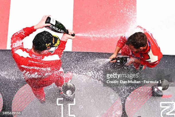 Race winner Frederik Vesti of Denmark and PREMA Racing and Ivan Rodriguez of PREMA Racing, celebrate on the podium during the Round 7:Barcelona...