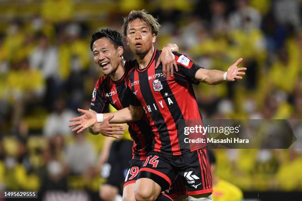 Yoshiaki Komai of Consadole Sapporo celebrates the second goal during the J.LEAGUE Meiji Yasuda J1 16th Sec. Match between Kashiwa Reysol and...