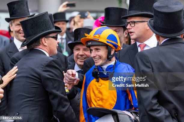 Jockey, Ryan Moore on Auguste Rodin following the Betfred Derby during the Epsom Races at Epsom Downs Racecourse June 03, 2023 in Epsom, England.