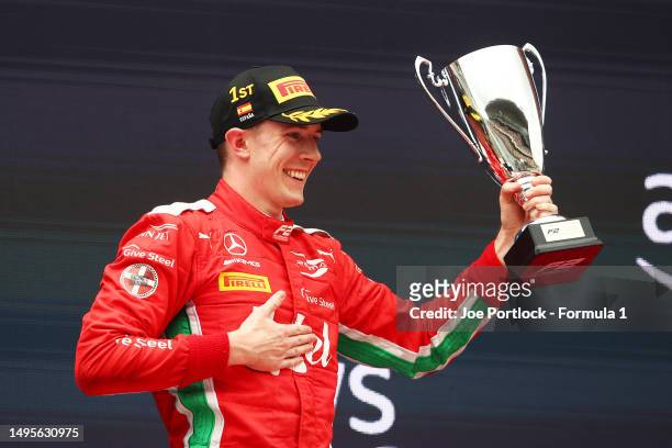 Race winner Frederik Vesti of Denmark and PREMA Racing celebrates on the podium during the Round 7:Barcelona Sprint race of the Formula 2...