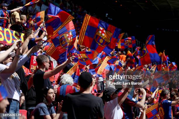 Barcelona fans show their support prior to the UEFA Women's Champions League final match between FC Barcelona and VfL Wolfsburg at PSV Stadion on...