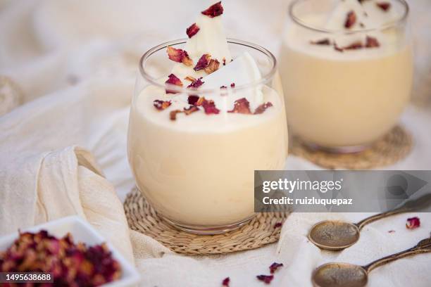 white chocolate mousse with rose petals - texture mousse stock pictures, royalty-free photos & images