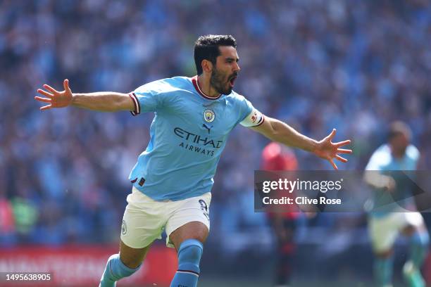 Ilkay Guendogan of Manchester City celebrates after scoring the team's first goal during the Emirates FA Cup Final between Manchester City and...