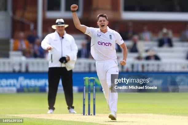 Matthew Potts of England celebrates capturing the wicket of Mark Adair of Ireland during day three of the LV= Insurance Test Match between England...