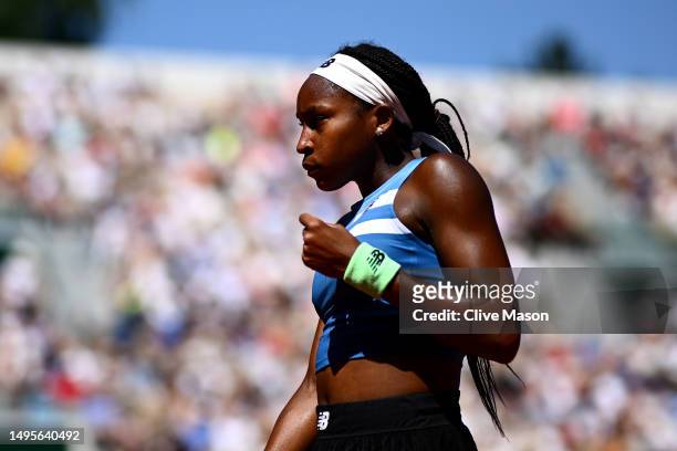 Coco Gauff of United States celebrates a point against Mirra Andreeva during the Women's Singles Third Round Match on Day Seven of the 2023 French...