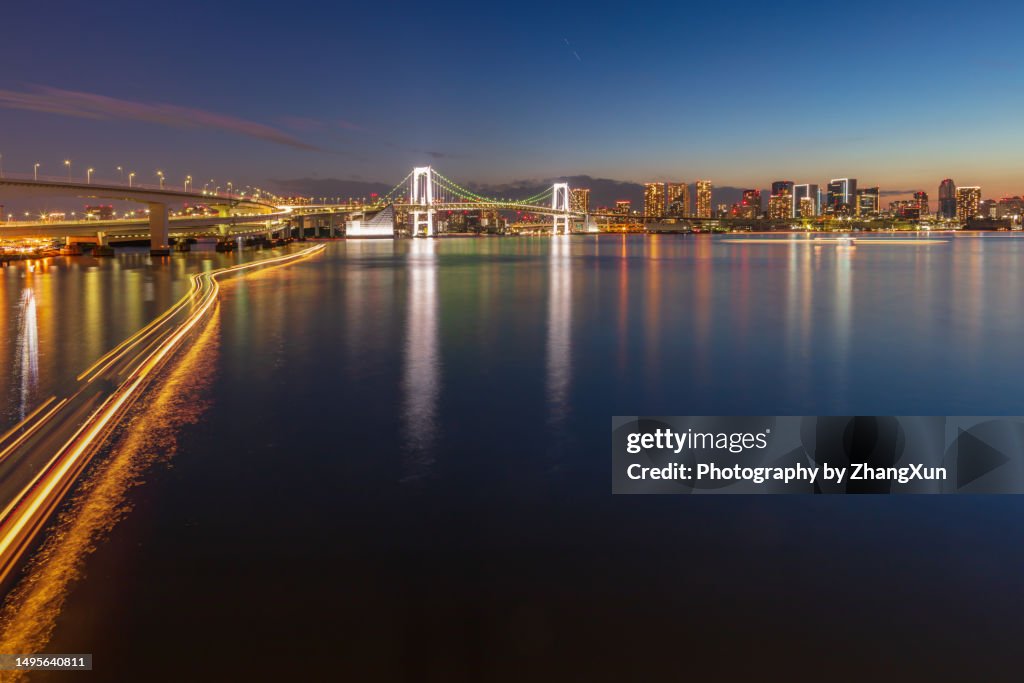 Tokyo city aerial view night skyline of Toyosu, Japan.