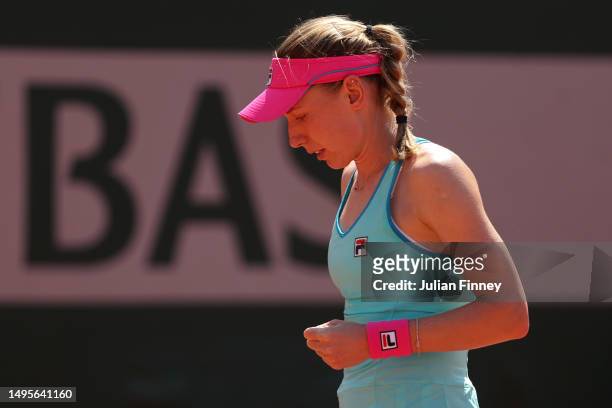 Ekaterina Alexandrova celebrates a point against Beatriz Haddad Maia of Brazil during the Women's Singles Third Round Match on Day Seven of the 2023...