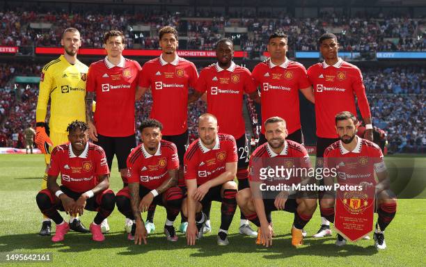 The Manchester United team lines up ahead of the Emirates FA Cup Final between Manchester City and Manchester United at Wembley Stadium on June 03,...