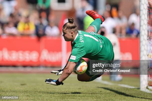 Paula Blum of Aurich saves the decision last penalty of Sarah Preuss of Frankfurt in the penalty shoot-out of the B-Junior Girls Final German...