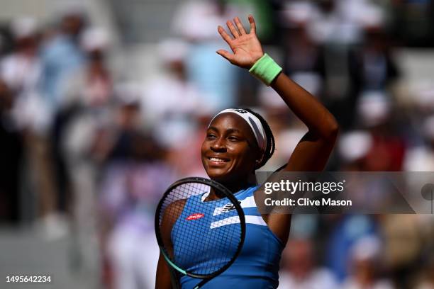 Coco Gauff of United States celebrates winning match point against Mirra Andreeva during the Women's Singles Third Round Match on Day Seven of the...