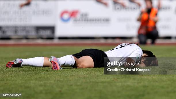 Sarah Preuss of Frankfurt liers dejected on the pitch after failing the lasst penalyt during the penalty shoot-out of the B-Junior Girls Final German...