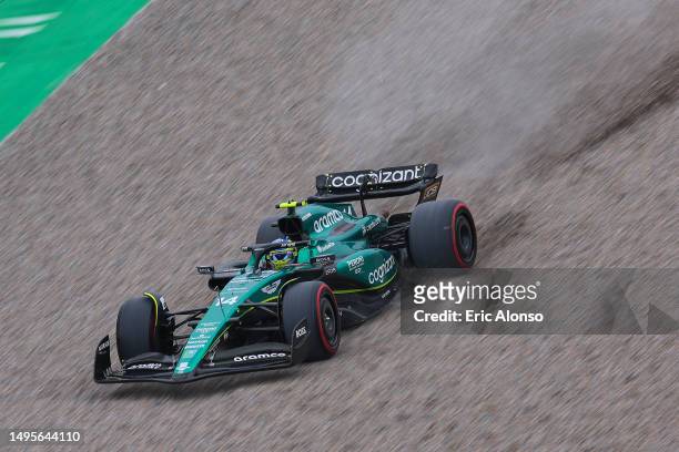 Fernando Alonso of Spain driving the Aston Martin AMR23 going off track during qualifying ahead of the F1 Grand Prix of Spain at Circuit de...
