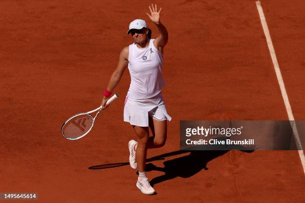 Iga Swiatek of Poland celebrates winning match point against Xinyu Wang of People's Republic of China during the Women's Singles Third Round Match on...