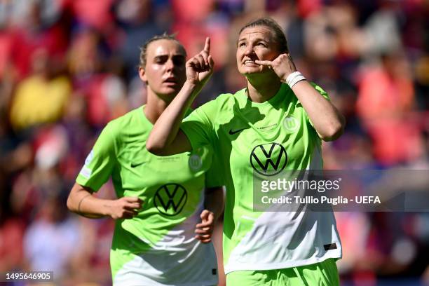 Alexandra Popp of VfL Wolfsburg celebrates with teammates after scoring the team's second goal during the UEFA Women's Champions League final match...