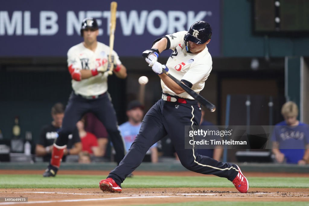 Corey Seager of the Texas Rangers bats in the first inning against ...