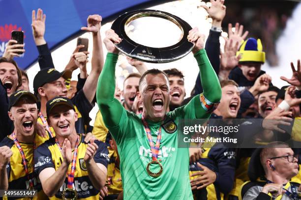 Daniel Vukovic of the Mariners celebrates winning the 2023 A-League Men's Grand Final match between Melbourne City and Central Coast Mariners at...