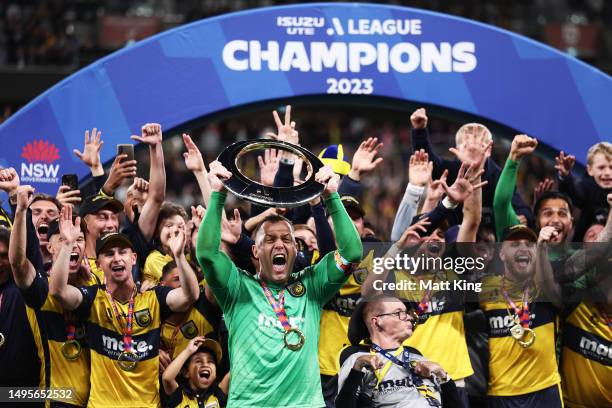 Daniel Vukovic of the Mariners celebrates winning the 2023 A-League Men's Grand Final match between Melbourne City and Central Coast Mariners at...