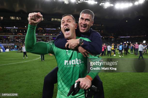 Mariners Head Coach Nick Montgomery embraces Daniel Vukovic as they celebrate winning the 2023 A-League Men's Grand Final match between Melbourne...