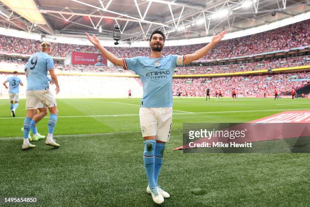 Ilkay Guendogan of Manchester City celebrates after scoring the team's second goal during the Emirates FA Cup Final between Manchester City and...