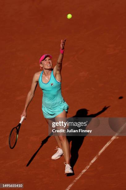 Ekaterina Alexandrova serves against Beatriz Haddad Maia of Brazil during the Women's Singles Third Round Match on Day Seven of the 2023 French Open...