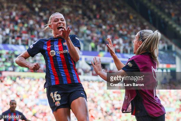 Fridolina Rolfoe of FC Barcelona celebrates after scoring the team's third goal during the UEFA Women's Champions League final match between FC...