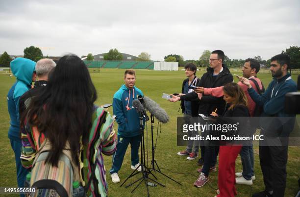David Warner of Australia speaks to the press during Australia training prior to the ICC World Test Championship Final 2023 at The County Ground on...