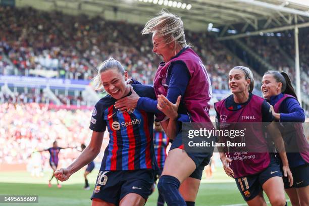 Fridolina Rolfoe of FC Barcelona celebrates with teammates after scoring the team's third goal during the UEFA Women's Champions League final match...