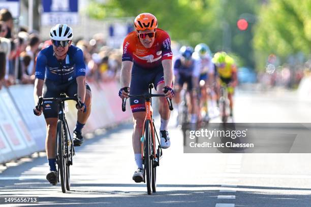 Gijs Van Hoecke of Belgium and Team Human Powered Health crosses the finish line during the 16th Heylen Vastgoed Heistse Pijl 2023 a 198.7km one day...