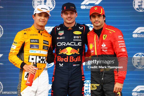 Pole position qualifier Max Verstappen of the Netherlands and Oracle Red Bull Racing , Second placed qualifier Carlos Sainz of Spain and Ferrari and...