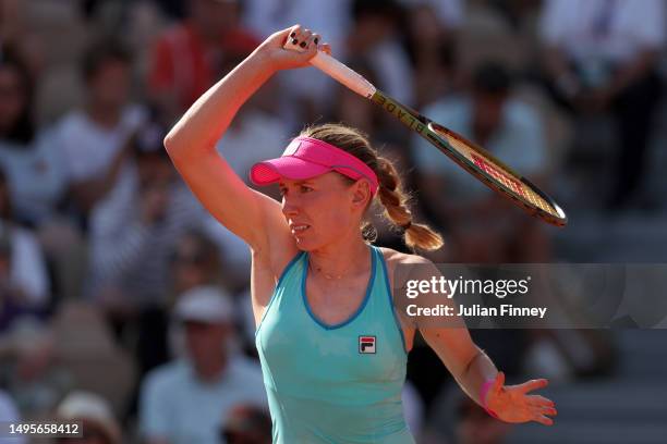 Ekaterina Alexandrova plays a forehand against Beatriz Haddad Maia of Brazil during the Women's Singles Third Round Match on Day Seven of the 2023...