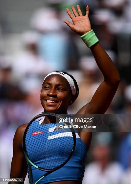 Coco Gauff of United States celebrates winning match point against Mirra Andreeva during the Women's Singles Third Round Match on Day Seven of the...